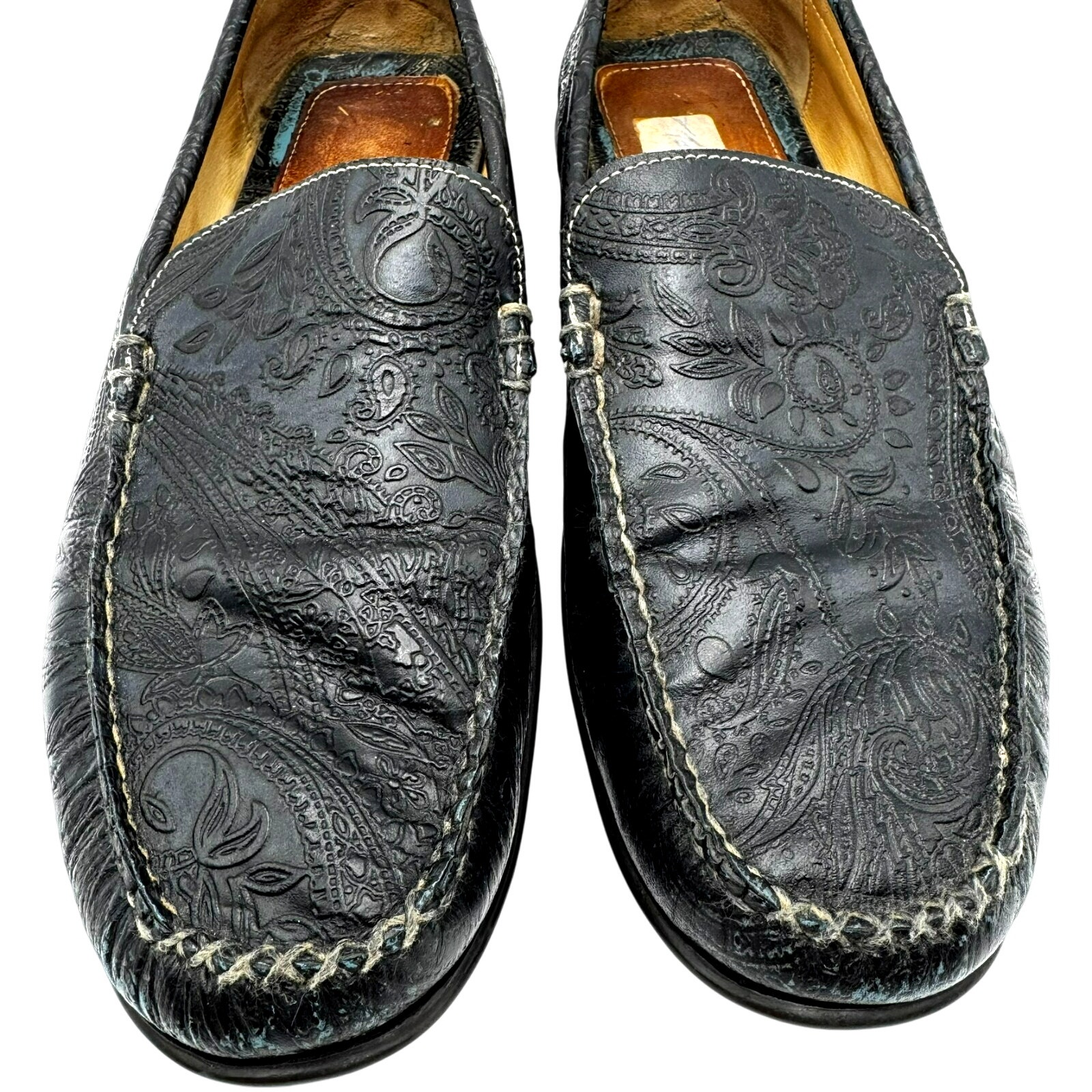 Martin Dingman Men 10 Black Leather Paisley Embossed Slip On Loafer Driving Shoe